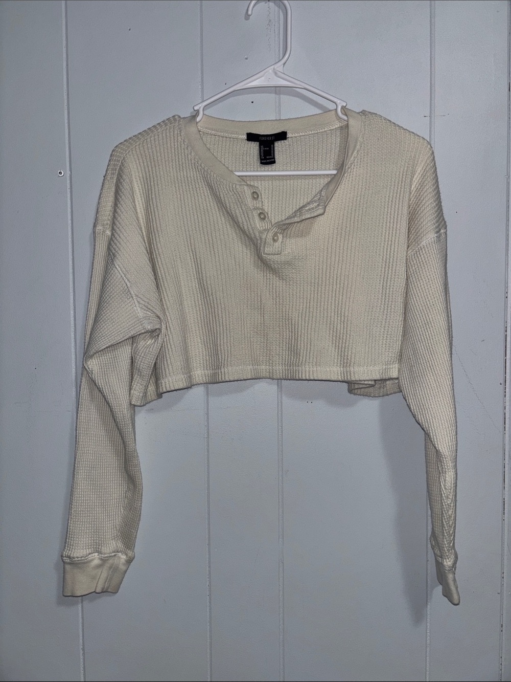 Forever 21 Cream Cropped Waffle Henley